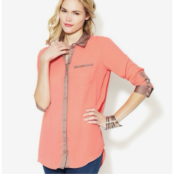 Free People Boyfriend Coral and Champagne Button Down Blouse Tunic Large Women’s - Picture 1 of 9